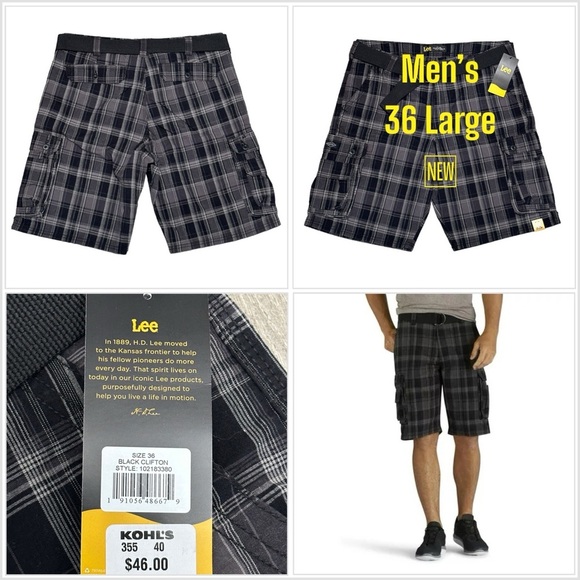 Men's Lee 36 Large Chino Khakis Shorts Cargo Black Gray Stretch Durable NWT - Picture 1 of 11